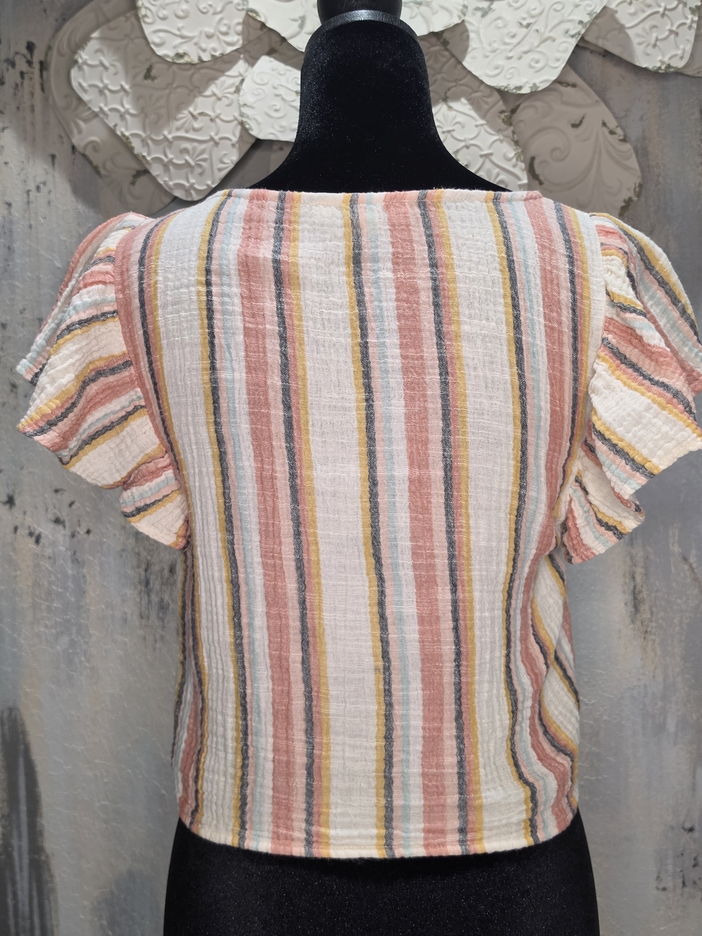 American Eagle Striped Button-Front Flutter Sleeve Top - Multi Pink Size PS - Picture 6 of 7